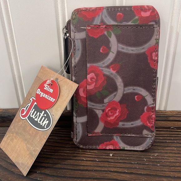 NWT Justin Western Floral Slim Wallet Organizer - Red and Brown - Picture 2 of 2